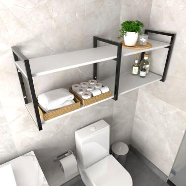 Imagem de Prateleira Industrial Banheiro Organizador Nicho Mdf Ferro Estante Branca Branco Off White Madeira
