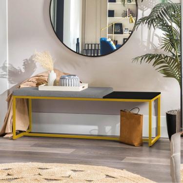 Imagem de Banco Recamier Puff 160cm Industrial Dourado Corino Cinza Tampo Quadrado Mdf Preto