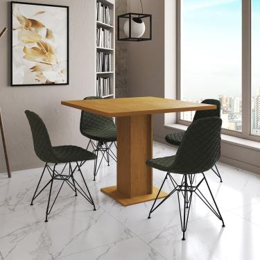 Imagem de Mesa Jantar Londres Quadrada Canela 90Cm 4 Cadeiras Eames Estofadas Verde Ferro Preto