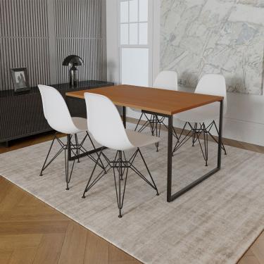 Imagem de Mesa Industrial Base Ferro Preto Tampo 137X90 Canela 4 Cadeiras Ferro Preto Assento Branco Marrom