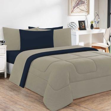 Imagem de Kit Edredom + Jogo De Lençol 100% Algodão Gran Moratta 5 Peças Solteiro Avelã-azul Marinho