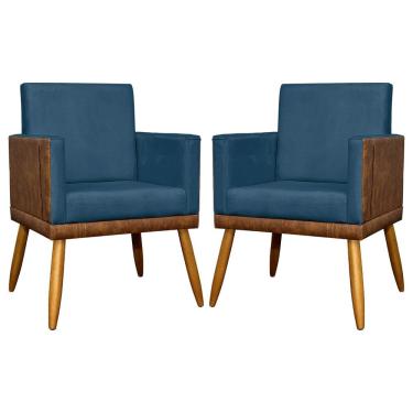Imagem de Kit 2 Poltronas Decorativas Lis Corino E Suede Cores Pé Palito 30cm - Azul-marinho, Suede/corino