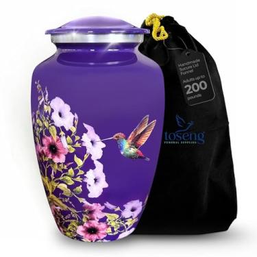 Imagem de TOSENG Urnas Para Cinzas De Cremação - Funerárias Decorativas Grandes Adultos Masculinos E Femininos, Urna Funerária Alumínio Beija-Flor Homens Mulheres Com Bolsa Veludo, Capacidade, Roxa