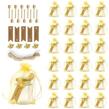 Imagem de Rormket Pacote Com 24 Potes De Mel Hexagonais Vidro 4 Oz Tampas Douradas - Concha Madeira, Pingentes Abelha, Cordão Etiqueta, Sacolas Presente Douradas, Etiquetas Agradecimento, Lembrancinhas Casame