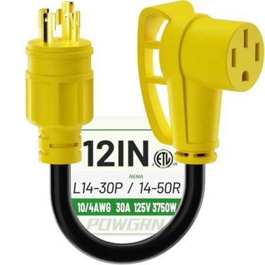 Imagem de POWGRN Cabo Adaptador De Gerador 30 A Para 50 Rv, 1 Pé (12"), Plugue Macho Nema L14-30, Fêmea 14-50, Alimentação Alta Resistência 4 Pinos, Bitola 10, 125 V/250 V, Preto E Amarelo