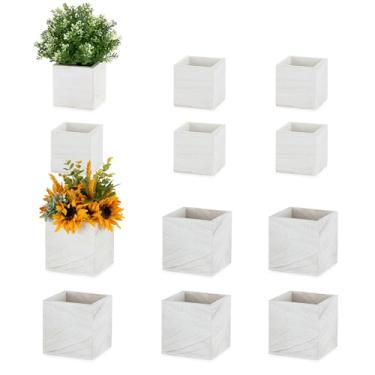 Imagem de NUPTIO Caixa de madeira para centro de mesa de casamento: 12 peças caixa quadrada rústica decoração de mesa de fazenda - 10 × 12 cm e 12 × 12 cm pequenos vasos de madeira caiados de branco vasos de