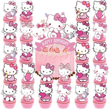 Imagem de 25pcs Cupcake Toppers with 1 Happy Birthday Cake Topper, Cute Anime Hello Pink Cat Themed Party Supplies, Perfect for Birthday Party Decorations (Style A)