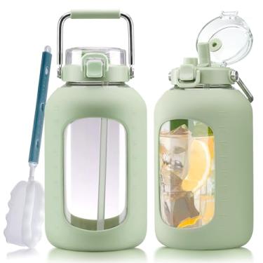 Imagem de WINSA Garrafas de água grandes de vidro com alça de aço inoxidável, garrafa de água de 2,8 litros com tampa de canudo 2 em 1, jarro de água de vidro de 3 litros com manga de silicone, boca larga