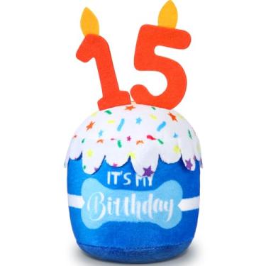 Imagem de Dansydaisy Acessórios de brinquedo de bolo de aniversário de 15 anos para meninas e meninos, brinquedo de pelúcia azul para decoração de festa de aniversário para cães grandes, médios e pequenos