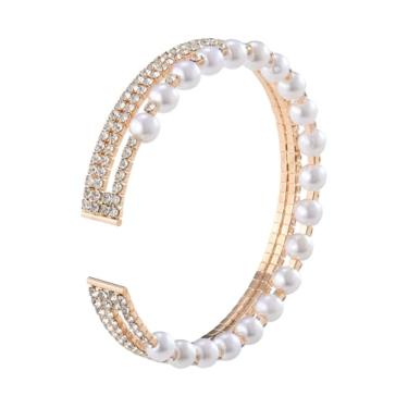 Imagem de Ecesha Bracelete ajustável com strass de cristal brilhante 4 mm pérola cúbica zircônia cúbica para mulheres bijuterias (banhado a ouro, adequado para pulsos grandes de 18 a 20 cm)