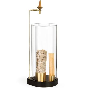 Imagem de Xisakaca Queimador de incenso de madeira com vidro, suporte de incenso para vela, palitos, palo santo, sálvia e cones, bandeja coletora de cinzas de madeira para meditação, sala de ioga, decoração de