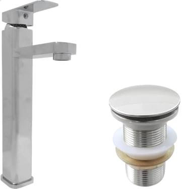 Imagem de Dona D Cor, Kit Torneira Bica Alta Inox Cromada Monocomando Misturador e Válvula Click 1 1/4 Banheiro Lavabo Pia Água Quente Fria Aço Inox Brilhante