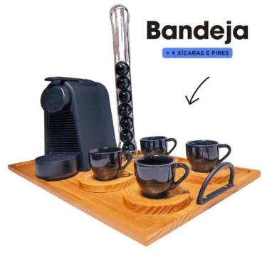 Imagem de Bandeja Em Madeira Cantinho Do Café Decorativa Com 4 Xícaras e Pires -