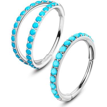 Imagem de OUFER 2 peças de anéis de nariz turquesa para mulheres, 20G 8 mm anéis de nariz de argola simples e dupla, joias de piercing de narina de segmento articulado, cartilagem concha torre hélice tragus