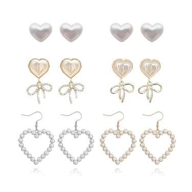 Imagem de Dreuyet Conjunto de 6 pares de brincos de coração de dia dos namorados para mulheres, brincos de coração vermelho e rosa XO XO LOVE com borla pendentes, brincos de coração de pérola, presentes de