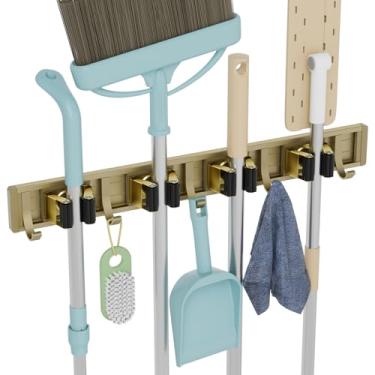 Imagem de reliahom Suporte de vassoura de parede para esfregão e vassoura montado na parede rack de armazenamento de garagem, organizador de ferramentas de jardim (4 prateleiras com 5 ganchos, bronze)