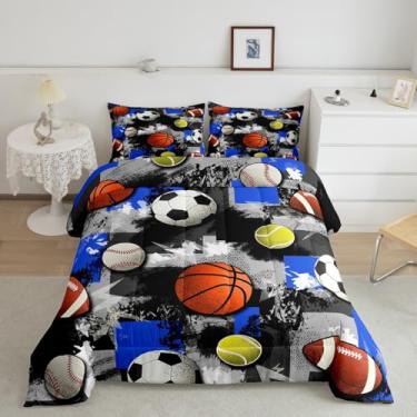 Imagem de jejeloiu Jogo de cama casal de basquete e beisebol, para meninos, meninas, adolescentes e adultos, edredom de graffiti, respirável, macio, azul, 3 peças