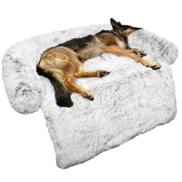 Imagem de Cama de cachorro calmante de pelúcia fofa para protetor de móveis com capa lavável removível para cães e gatos grandes, médios e pequenos (grande, cinza claro)