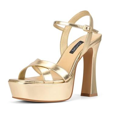 Imagem de Dumjey Sandálias femininas de salto alto com tira no tornozelo, bico aberto, salto grosso, vestido de festa de formatura com fivela, Dourado, 35