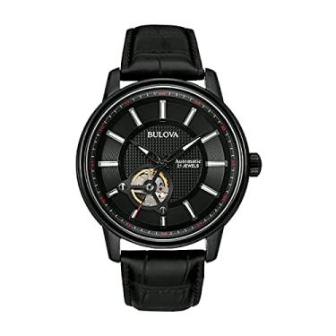 Imagem de Bulova Relógio masculino clássico com pulseira de couro automático de 3 mãos, 21 joias, recurso de hack, ponteiros e marcadores luminosos, abertura aberta e caixa traseira de exibição, Pulseira preta/banhada a íons pretos, Standard, Pulseira de couro preta