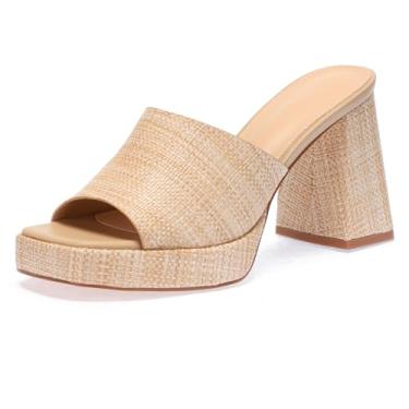 Imagem de Monrovia Sandálias femininas de salto ráfia, plataforma, plataforma, salto bloco, bico aberto de verão, salto alto grosso, sandálias deslizantes de praia para férias, nº 29 bege, 37