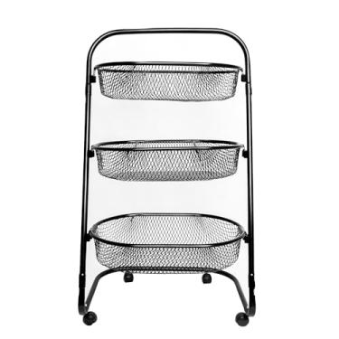 Imagem de Metaltec Fruteira De Aço Montada Com Rodinhas Carrinho Organizador De Chão 3 Cestos Multiuso Para Cozinha Estrutura Reforçada - Preto