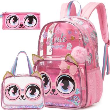 Imagem de Mochila Meetbelify Clear Cat for Girls School de 16 polegadas com lancheira, conjunto de estojos para lápis