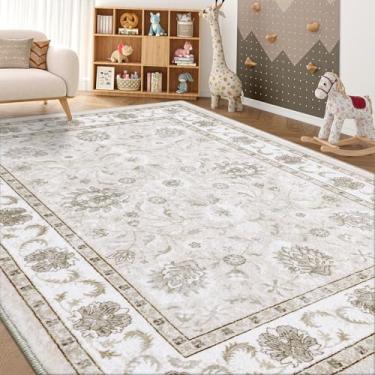 Imagem de Smiry Tapete floral, estampa vintage de 20 x 3 metros, lavável na máquina, tapete antiderrapante para sala de estar, quarto, sala de jantar, lavanderia, decoração de casa interna, bege