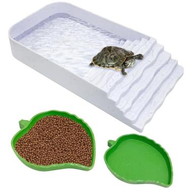 Imagem de PINVNBY 3 peças de prato de comida de tartaruga de plástico para piscina com rampa folha de réptil prato de comida e tigela de água acessórios de habitat de tartaruga para sapo lagarto caixa tartaruga