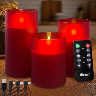Imagem de LEDHOLYT Vela recarregável sem chama, vela falsa de vidro LED cintilante com controle remoto e temporizador, bateria incorporada, vela eletrônica de cera real para decoração de quarto, conjunto de 3