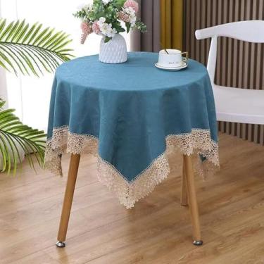 Imagem de Toalha de mesa quadrada pequena impressa com macramê toalha de mesa simples, tecido lavável, capa de mesa pequena para jantar, festa de casamento, decoração de casa, azul, 140 x 140 cm