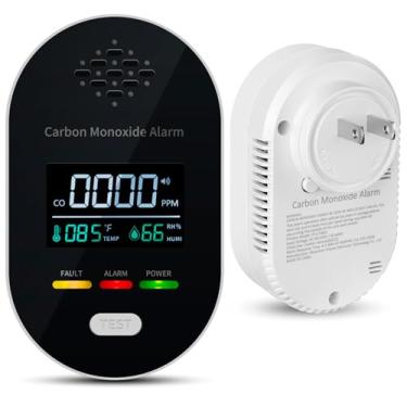Imagem de Detectores de Monóxido de Carbono 3 em 1 Plug In Detector de Monóxido de Carbono Portátil com Sensor de Temperatura e Umidade Visor LCD Transparente Aviso de Som e Luz para Escritório Doméstico
