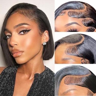 Imagem de Peruca Bob de cabelo humano 33 x 10 cm peruca frontal reta HD frente Bob perucas para mulheres negras, cabelo humano sem cola, linha do cabelo pré-arrancado com cabelo de bebê, densidade de 180% (25