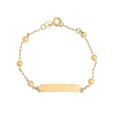 Imagem de Pulseira Bebê Recém Nascido Infantil Chapinha Com Bolinha De Ouro 18k 