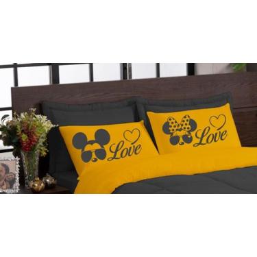 Imagem de Kit edredom LOVE 05 peças queen dupla face microfibra Amarelo Preto - 