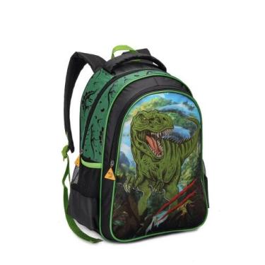 Imagem de Mochila Escolar Reforçada Dinossauro Verde 41,5x30x13cm - Denlex