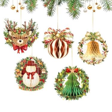 Imagem de AOBKIAT Decorações de festa de Natal, 5 peças de enfeites de favo de mel de papel com borda brilhante, mini enfeite de pendurar estilo guirlanda de Natal para decoração de árvore de Natal, decoração