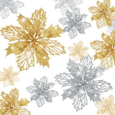 Imagem de Boao 24 peças de flores artificiais de poinsétia com glitter de Natal, decorações de Natal, árvore de Natal, enfeites de ano novo (ouro e prata)