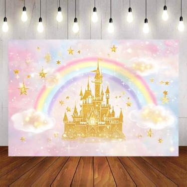 Imagem de Aumeko 1,5 x 0,9 m Castelo dourado pastel arco-íris estrelas céu castelo fundo princesa decoração festa de aniversário adereços de cabine fotográfica