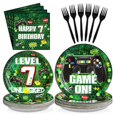 Imagem de Grencian 96 peças de decorações de festa de 7º aniversário, pratos de papel de videogame verdes, descartáveis, 7º aniversário, conjunto de utensílios de mesa para meninos de 7 anos, videojogadores
