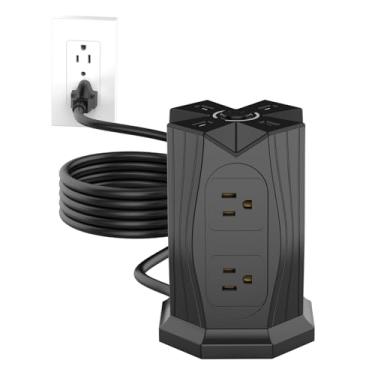 Imagem de HITRENDS Régua de alimentação de torre preta com proteção contra sobretensão | 8 tomadas CA + 3 portas USB + tipo C | Cabo de extensão de 1,8 m com várias saídas | Design que economiza espaço com