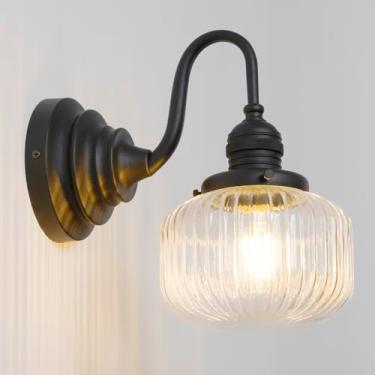 Imagem de Teqinchy Arandela de parede vintage, luminária preta para banheiro com vidro transparente soprando à mão, lâmpada montada na parede para banheiro, espelho, sala de estar, quarto, cozinha, E26