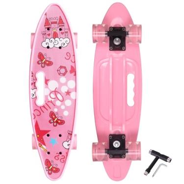 Imagem de Nattork Skate Mini Cruiser para meninas de 69 cm com alça portátil clássico retrô plástico completo skate infantil para meninos jovens iniciantes (castelo rosa)