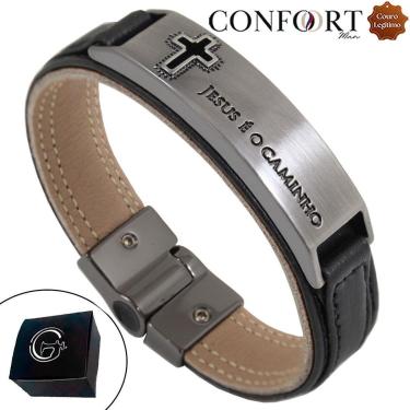 Imagem de Pulseira Masculina Magnética de Couro Preto Caminho Dourado Grafite-Unissex