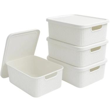 Imagem de Kit 4 Caixas Organizadoras 5 Litros Tampa Empilhável Textura Juta Plástico Resistente Multiuso Roupas Brinquedos Documentos (Branco)