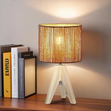 Imagem de Luminária de mesa de tripé com base de madeira cor de bétula, luminária de mesa de madeira com abajur de vime, lâmpadas pequenas de 36,5 cm, lâmpadas de cabeceira com base E26 para mesas de cabeceira