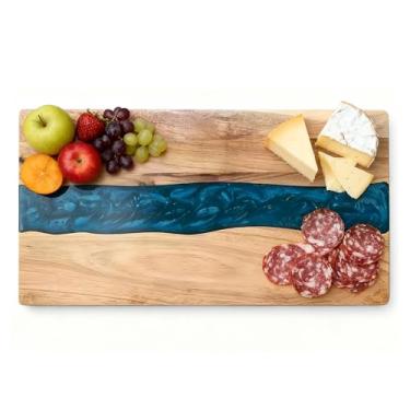 Imagem de Tábua de charcutaria de resina de madeira de acácia, 45,7 x 23 cm, resina expóxi azul oceano padrão onda padrão para cozinha e minibar, placa reversível para carne, queijo, pão, legumes, frutas