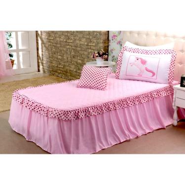 Imagem de Kit Colcha Cobre Leito 3 Peças Solteiro Infantil Juvenil Unicórnio Babados Rosa Menina