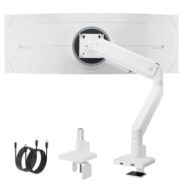 Imagem de monTEK Braço de monitor único para telas ultralargas de até 45 polegadas Suporte de mesa para monitor ajustável comporta gerenciamento de cabos de 16 kg com braçadeira C/suporte de mesa com ilhós