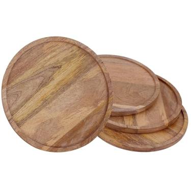 Imagem de Prato de aperitivo de madeira, conjuntos de pratos de aperitivo de madeira, carregadores de madeira para pratos de jantar, jogos americanos de madeira, carregadores para pratos de jantar, prato de aperitivo de madeira de 28 cm - pacote com 4 - marrom natural